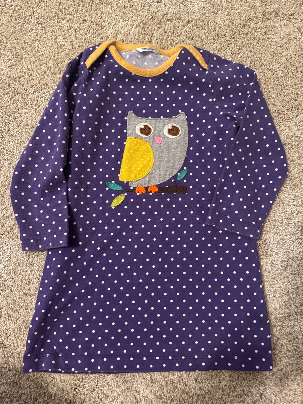 Baby Boden Purple Polka Dot Owl dress with Yellow Trim